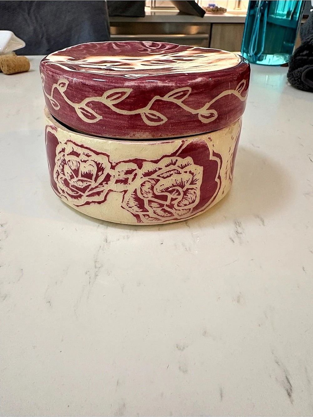 Hand-Painted Floral Ceramic Lidded Container in Burgundy & Cream